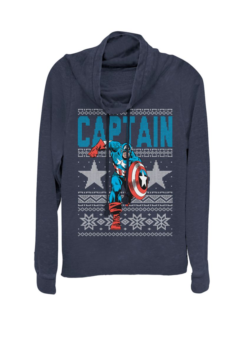 Captain America Running Pose Ugly Sweater Cowl Neck Graphic Pullover