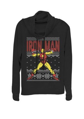 Marvel Women's Iron Man Comic Holiday Sweater Print Cowl Neck Graphic Pullover, Black, XSmall