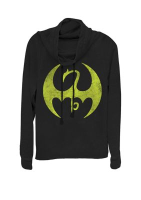 Marvel Women's Iron Fist Distressed Dragon Logo Cowl Neck Graphic Pullover, Black, XSmall