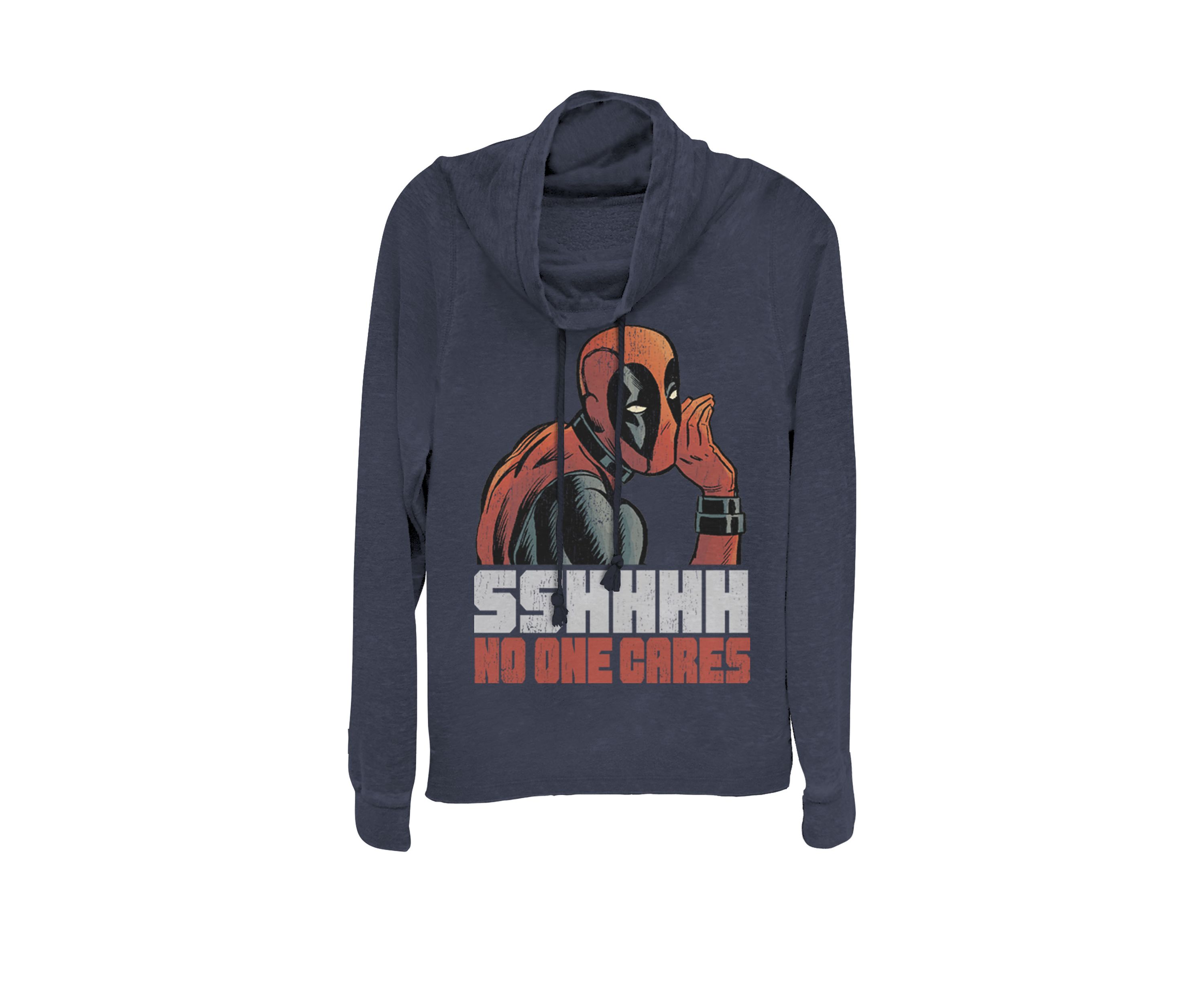 Deadpool SSHHHH No One Cares Whisper Cowl Neck Graphic Pullover