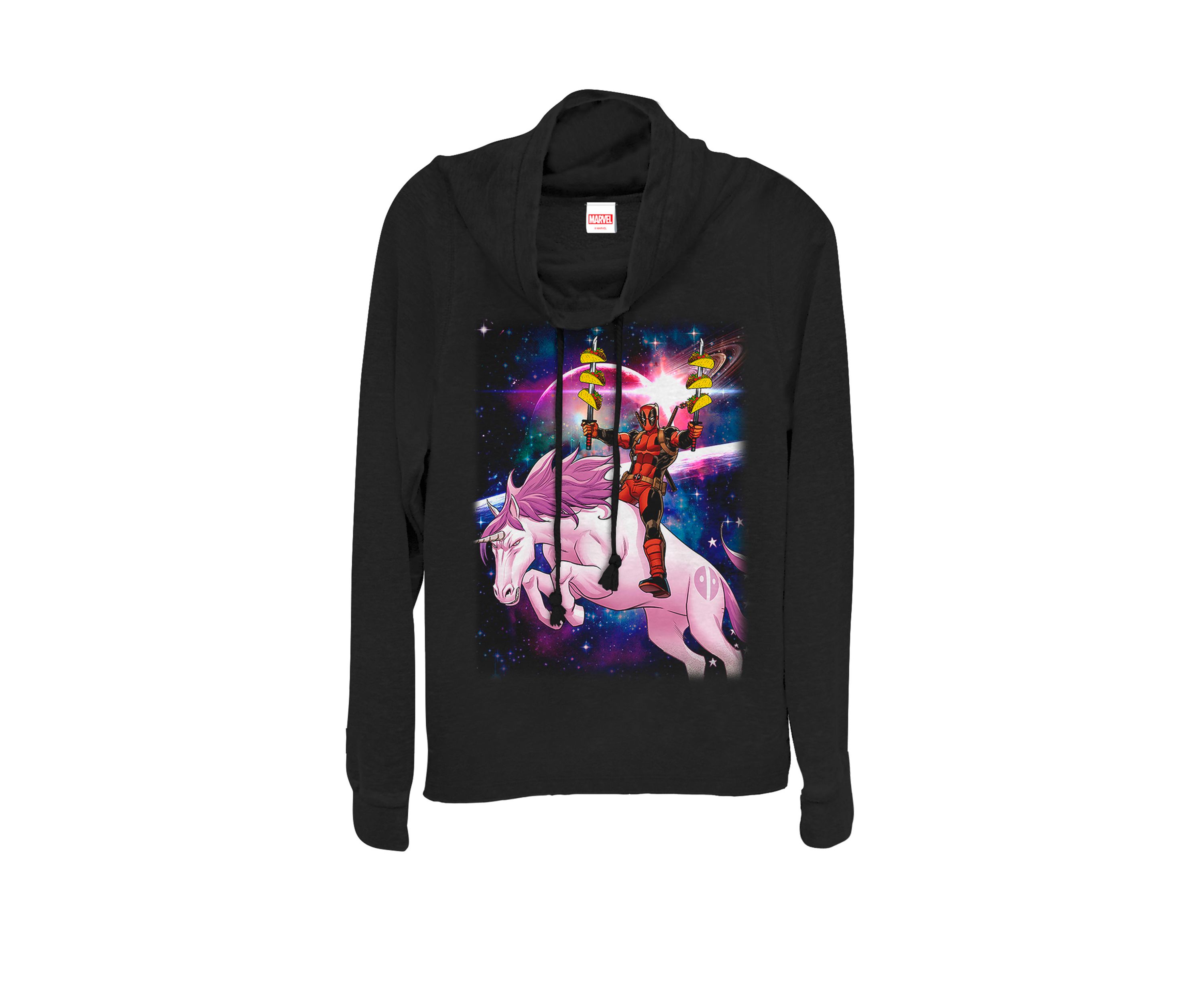 Deadpool Space Unicorn Tacos Cowl Neck Graphic Pullover