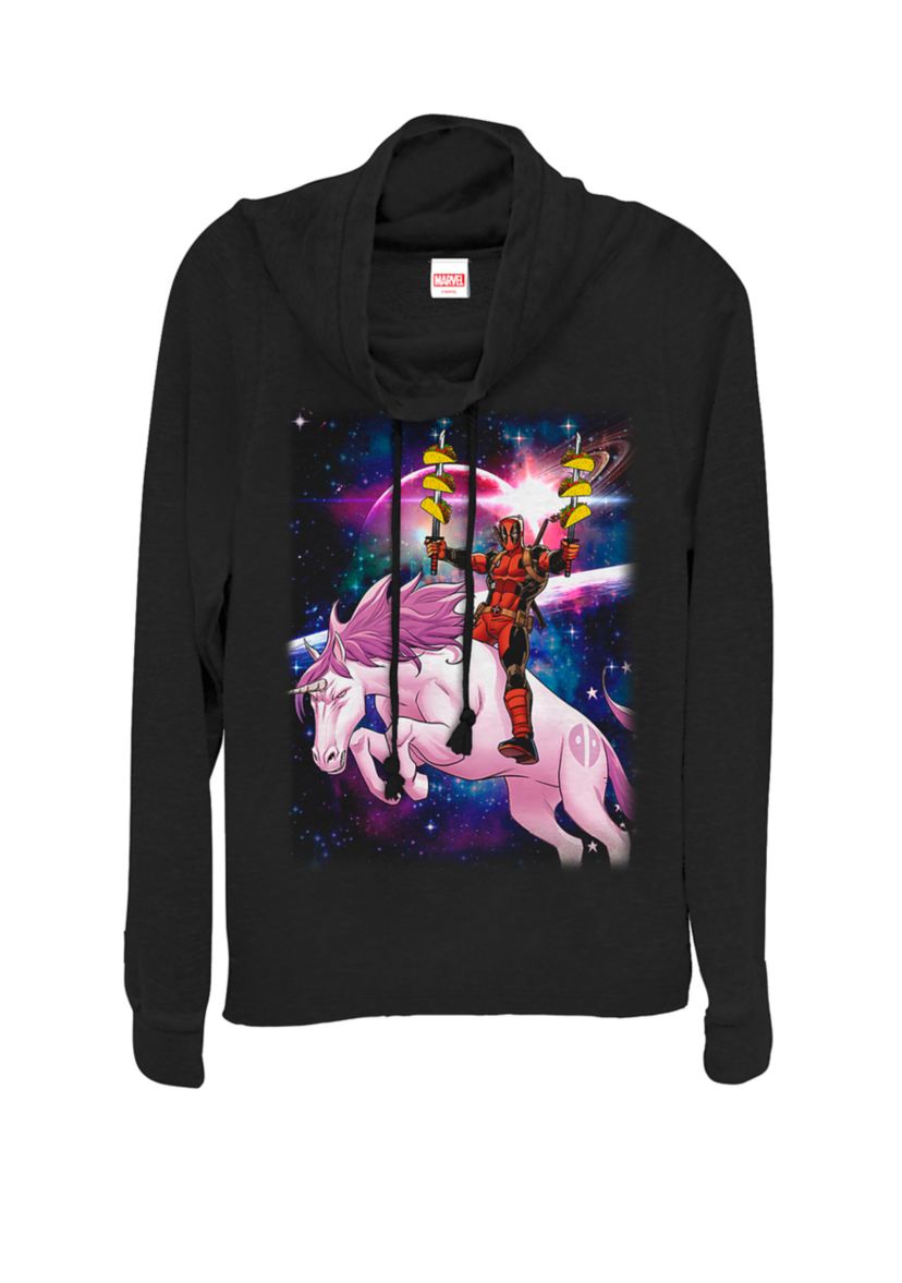 Deadpool Space Unicorn Tacos Cowl Neck Graphic Pullover