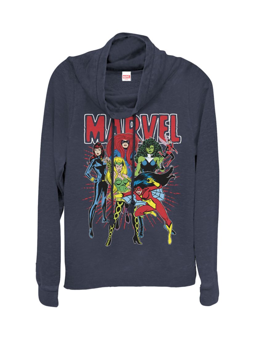  Classic Comics Retro Super Women Group Cowl Neck Graphic Pullover 