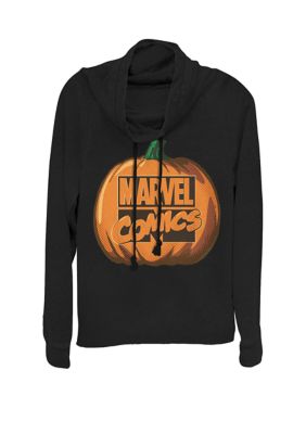 Marvel Women's Comics Logo Halloween Pumpkin Cowl Neck Graphic Pullover, Black, XSmall