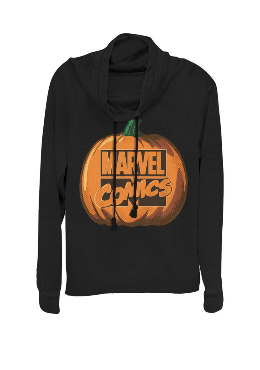  Comics Logo Halloween Pumpkin Cowl Neck Graphic Pullover 