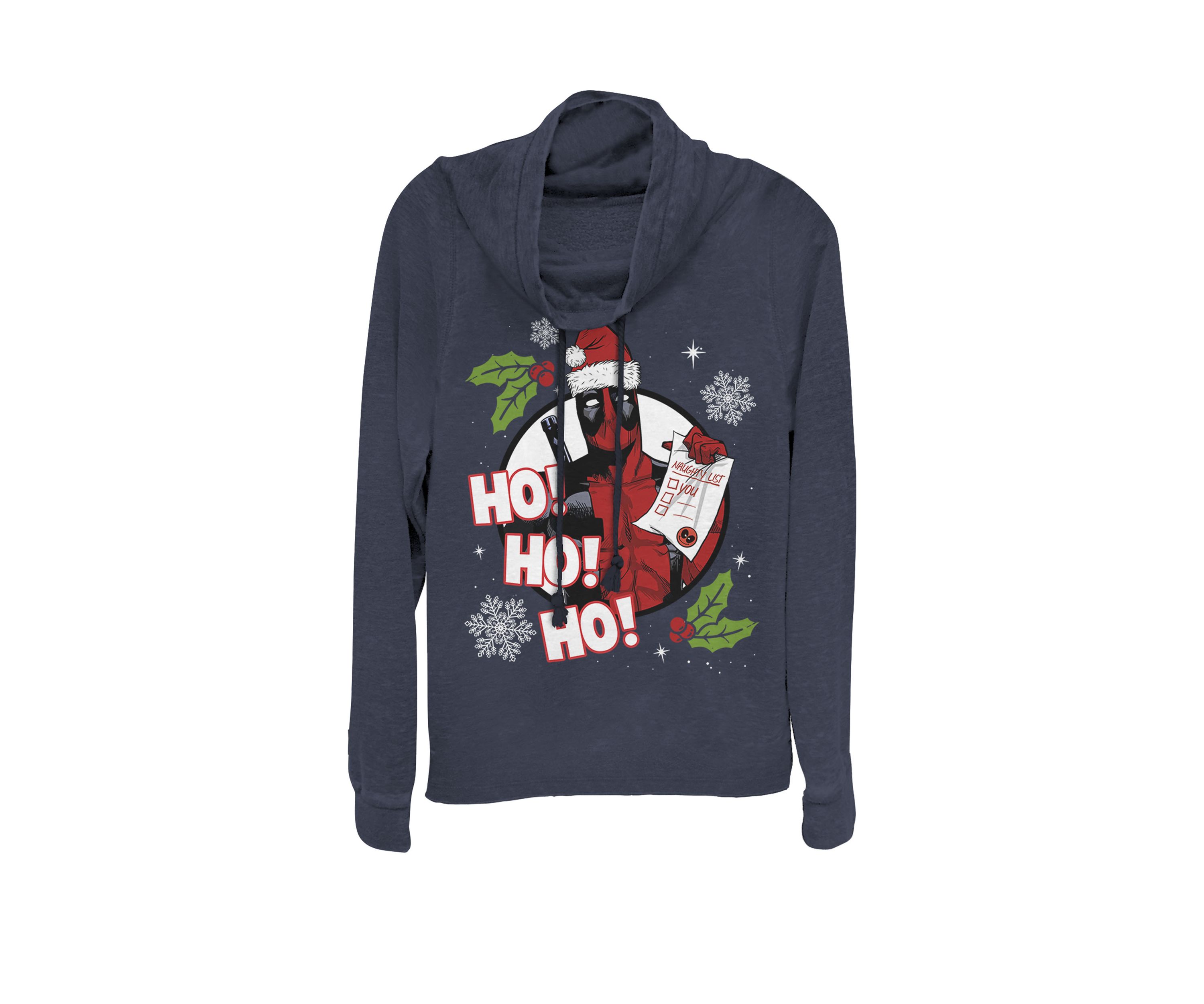Christmas Deadpool Ho Ho Ho Naughty List Cowl Neck Graphic Pullover