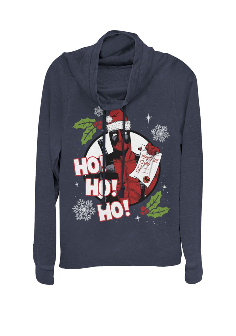 Christmas Deadpool Ho Ho Ho Naughty List Cowl Neck Graphic Pullover