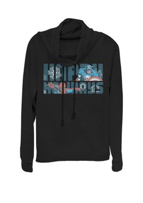 Marvel Women's Spider-Man And Iron Man Happy Holidays Cowl Neck Graphic Pullover, Black, XSmall