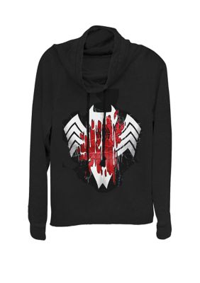 Marvel Women's Venom Drip Logo Over Spider-Man Cowl Neck Graphic Pullover, Black, XSmall