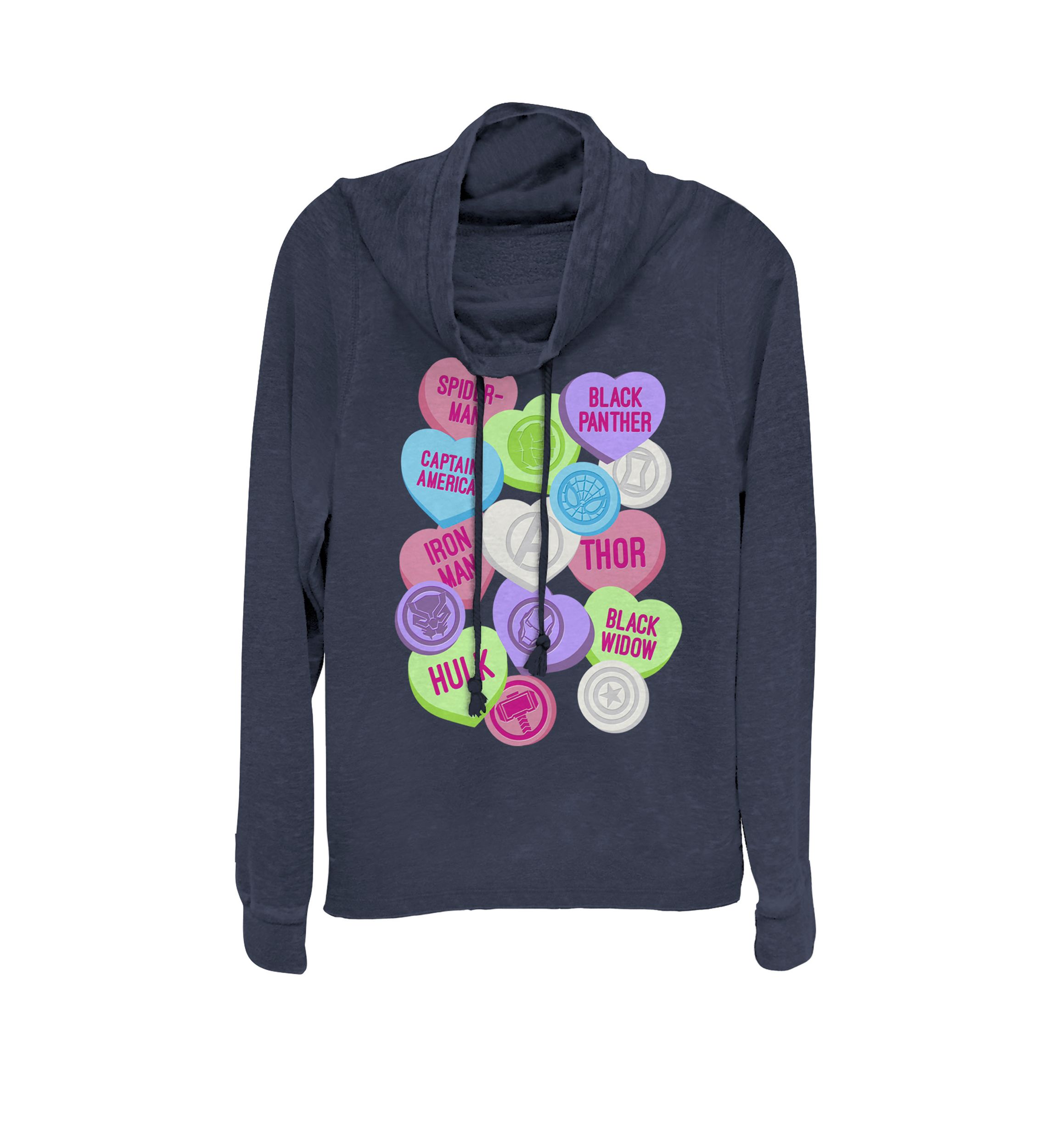 Valentines Candy Heart Avengers Icons Cowl Neck Graphic Pullover