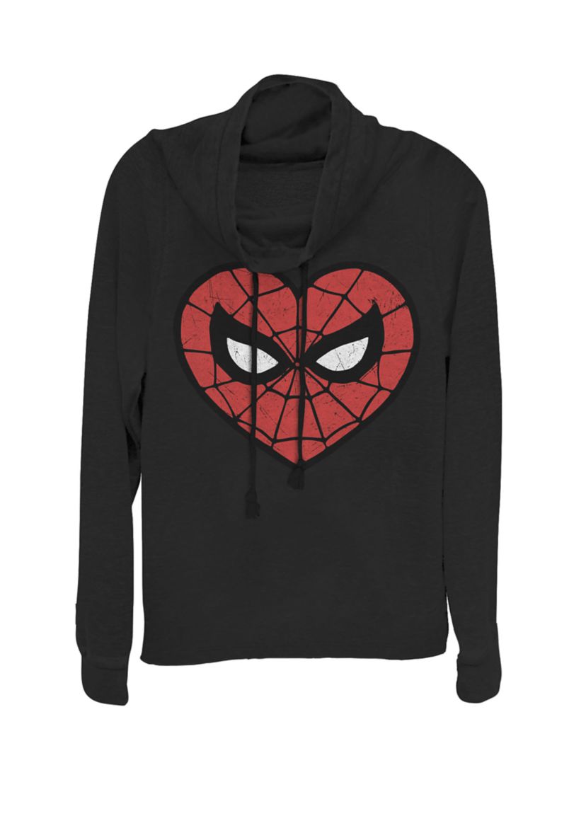 Spider-Man Face Mask Valentines Heart Logo Cowl Neck Graphic Pullover
