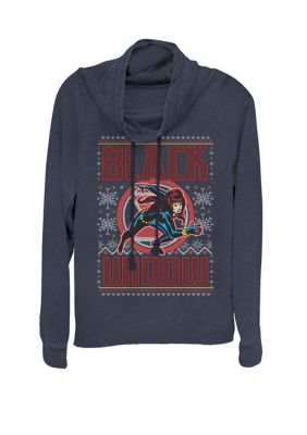 Marvel Women's Black Widow Ugly Sweater Print Cowl Neck Graphic Pullover, Navy Blue, XXL