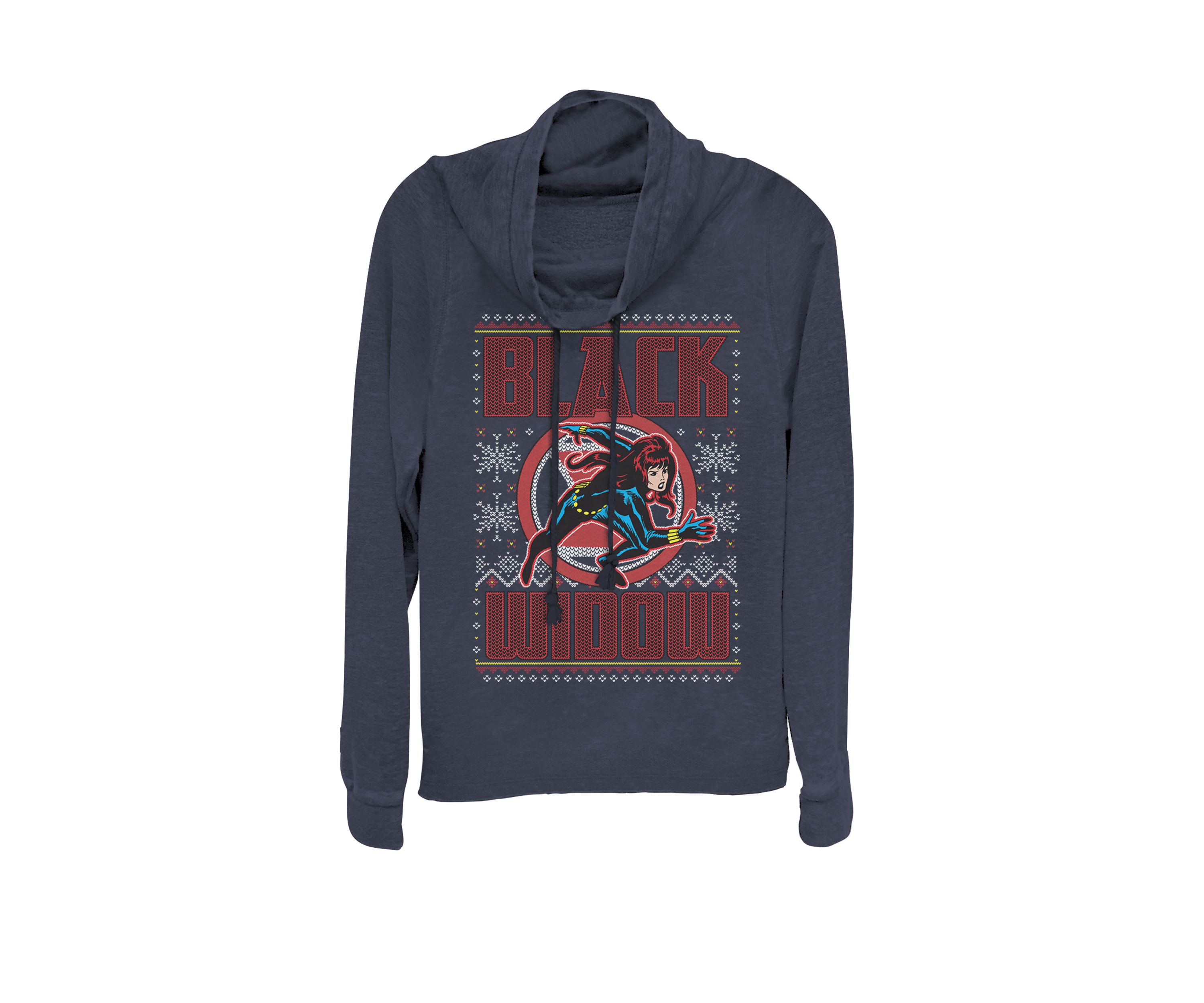 Black Widow Ugly Sweater Print Cowl Neck Graphic Pullover