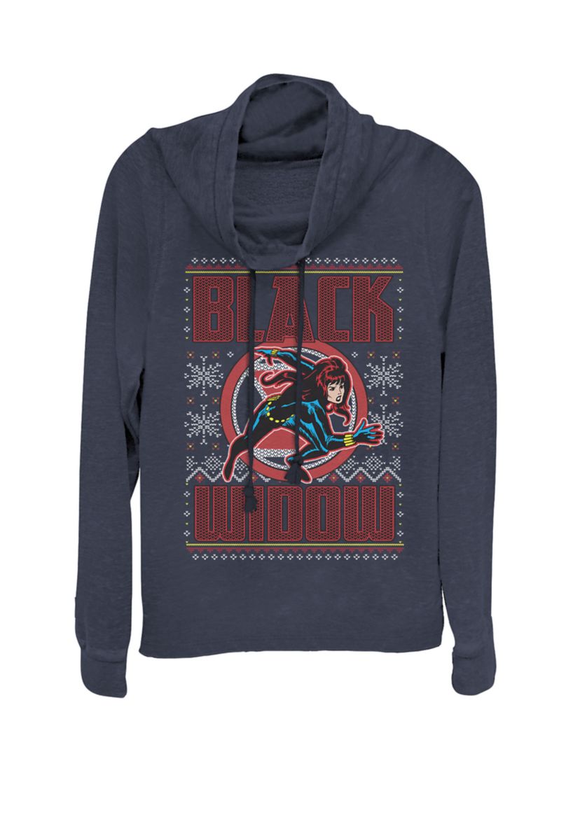 Black Widow Ugly Sweater Print Cowl Neck Graphic Pullover