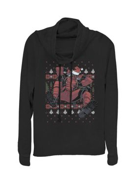 Marvel Women's Christmas Deadpool Ugly Sweater Print Cowl Neck Graphic Pullover, Black, XSmall