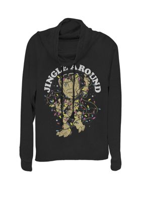 Marvel Women's Guardians Of The Galaxy Baby Groot Jingle Around Holiday Cowl Neck Graphic Pullover, Black, XSmall