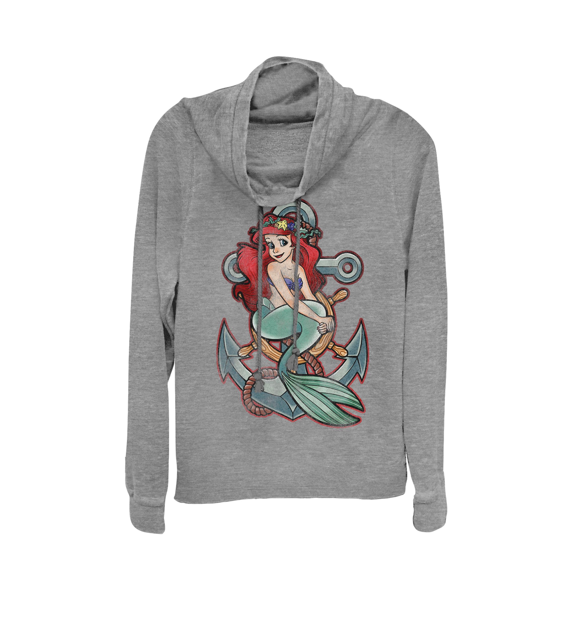 Little Mermaid Tattoo Anchor Pose Cowl Neck Graphic Pullover