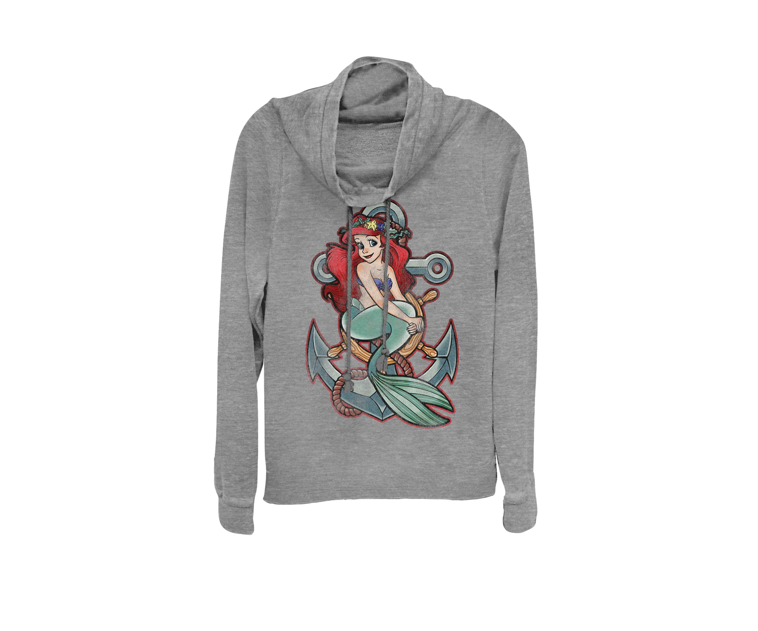 Little Mermaid Tattoo Anchor Pose Cowl Neck Graphic Pullover
