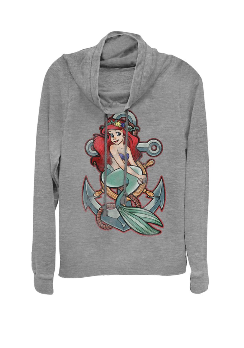 Little Mermaid Tattoo Anchor Pose Cowl Neck Graphic Pullover