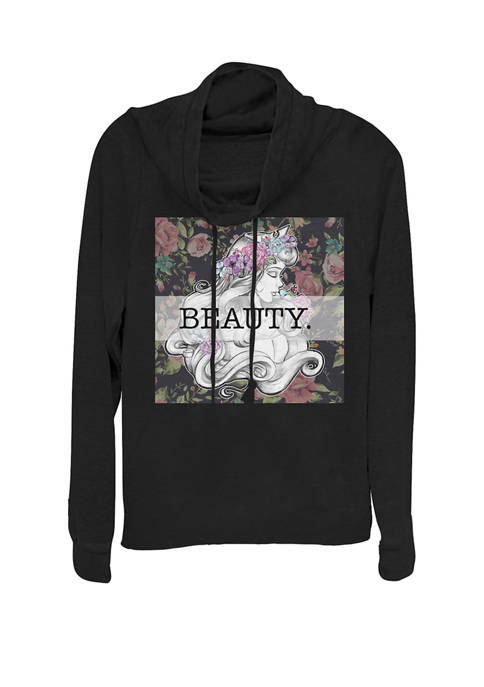 Sleeping Beauty Floral Print Box Cowl Neck Graphic Pullover