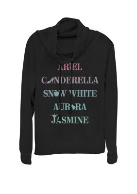 Disney Women's Ariel Cinderella Snow White Jasmine Cowl Neck Graphic Pullover, Black, XSmall