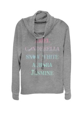 Disney Women's Ariel Cinderella Snow White Jasmine Cowl Neck Graphic Pullover, Gray, Large