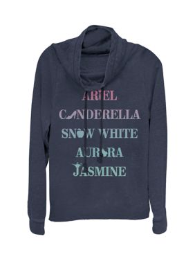 Disney Women's Ariel Cinderella Snow White Jasmine Cowl Neck Graphic Pullover, Navy Blue, Large