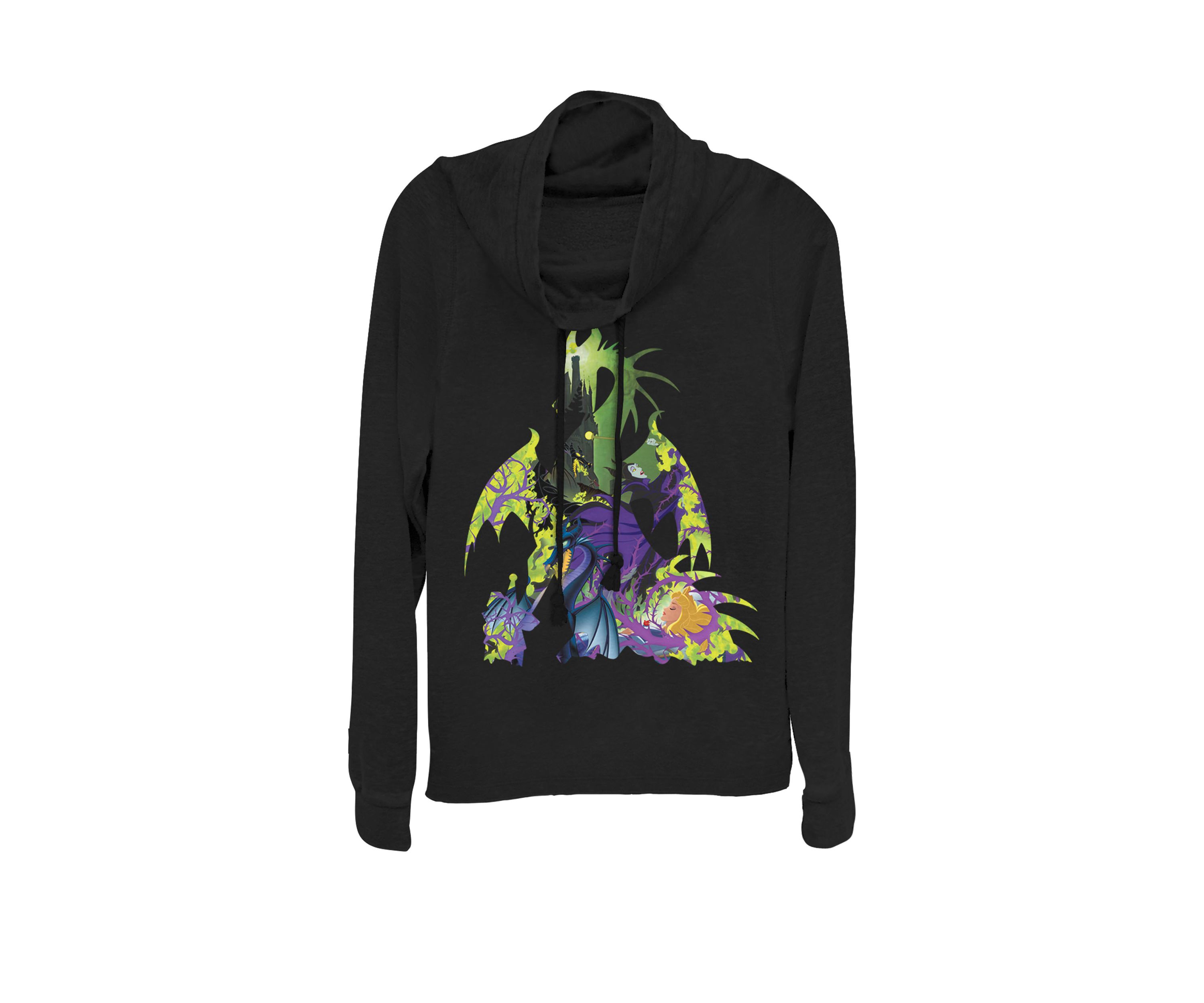 Sleeping Beauty Maleficent Dragon Silhouette Cowl Neck Graphic Pullover