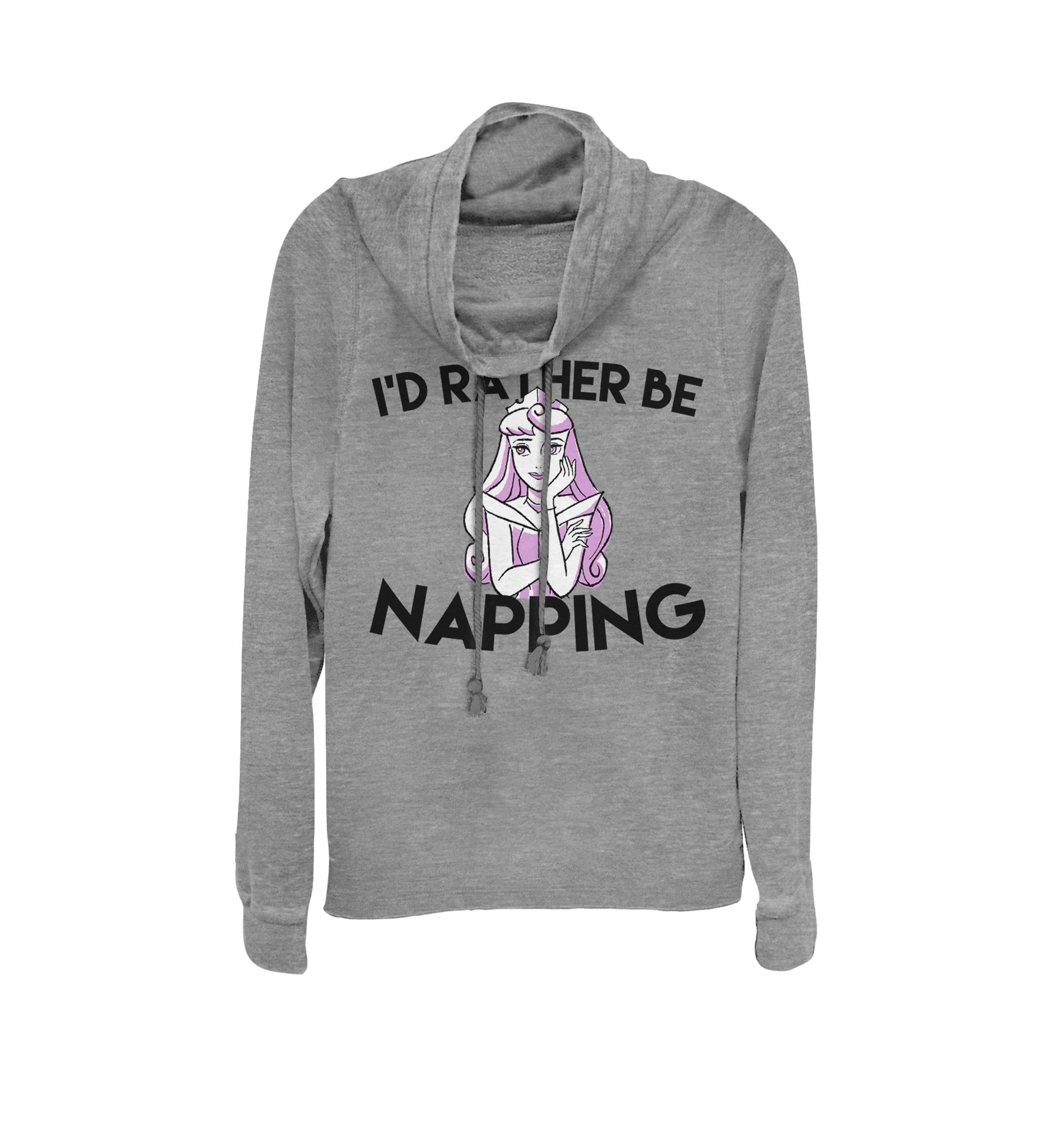 Juniors Sleeping Beauty Rather Be Napping Cowl Neck Pullover