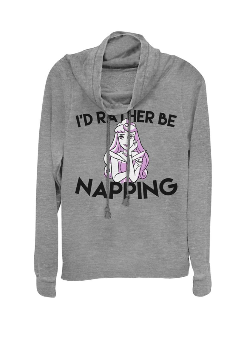 Juniors Sleeping Beauty Rather Be Napping Cowl Neck Pullover