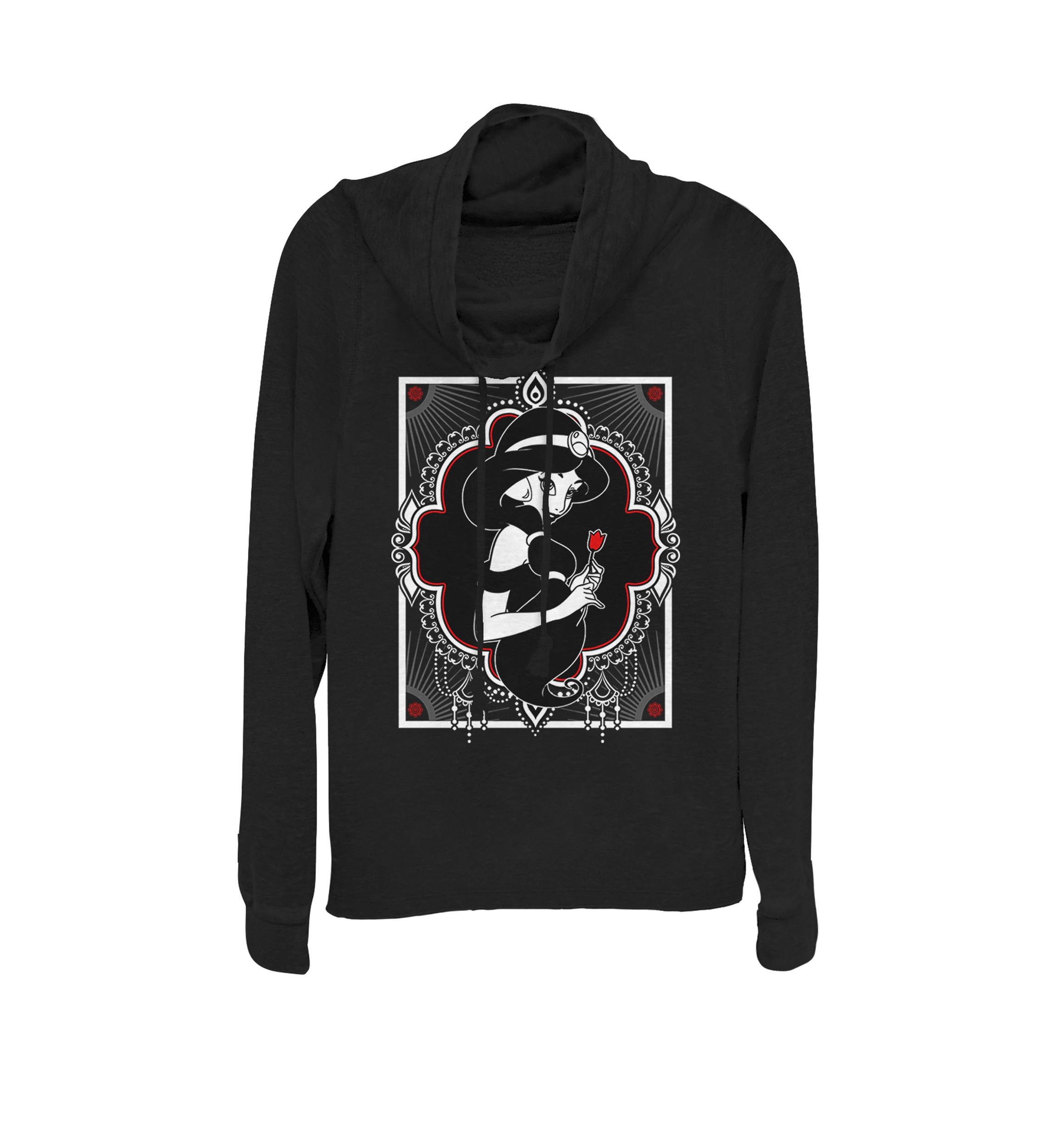 Aladdin Jasmine Ornate Frame Rose Cowl Neck Graphic Pullover
