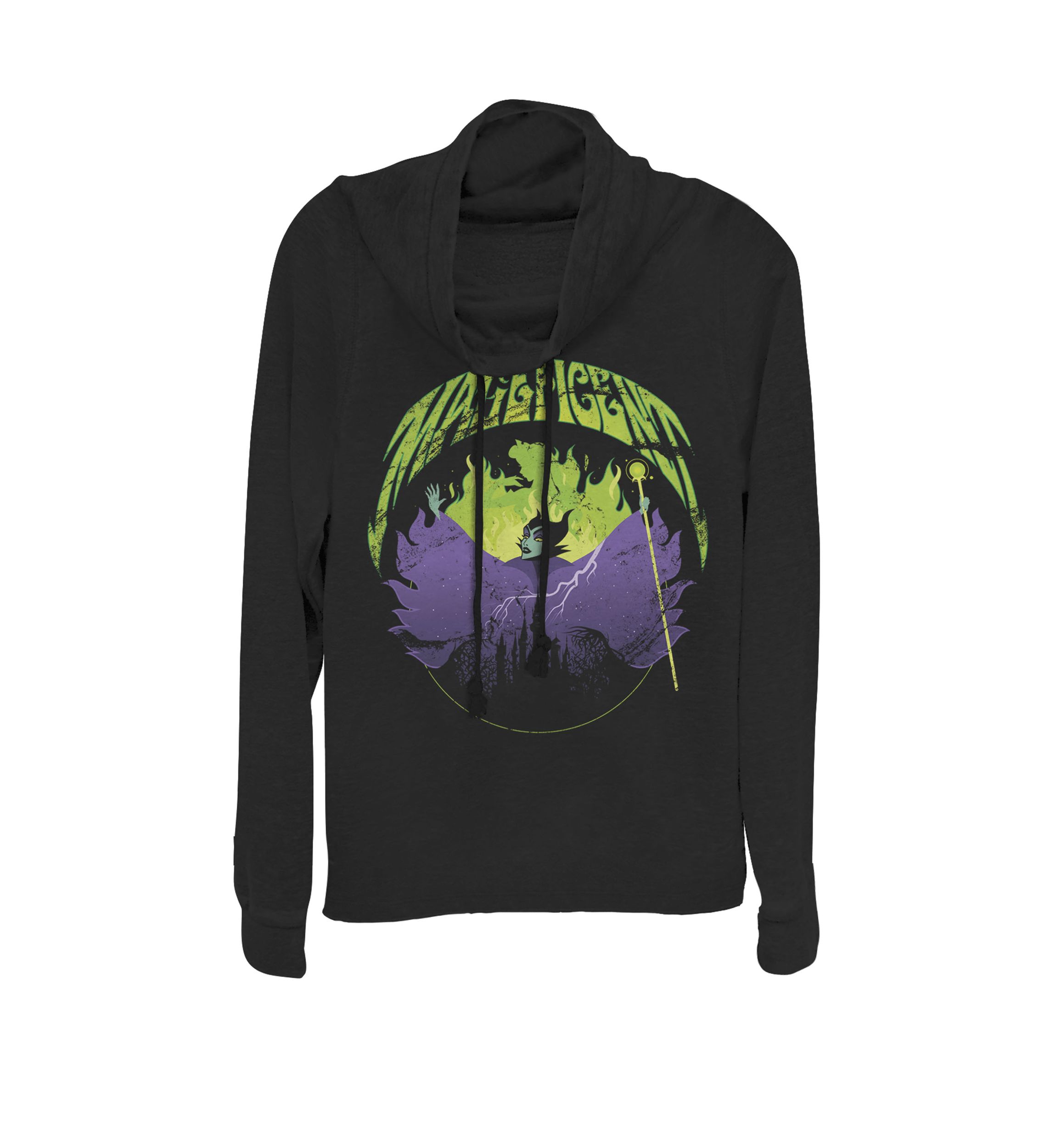 Sleeping Beauty Silhouette Maleficent Rock Theme Cowl Neck Graphic Pullover