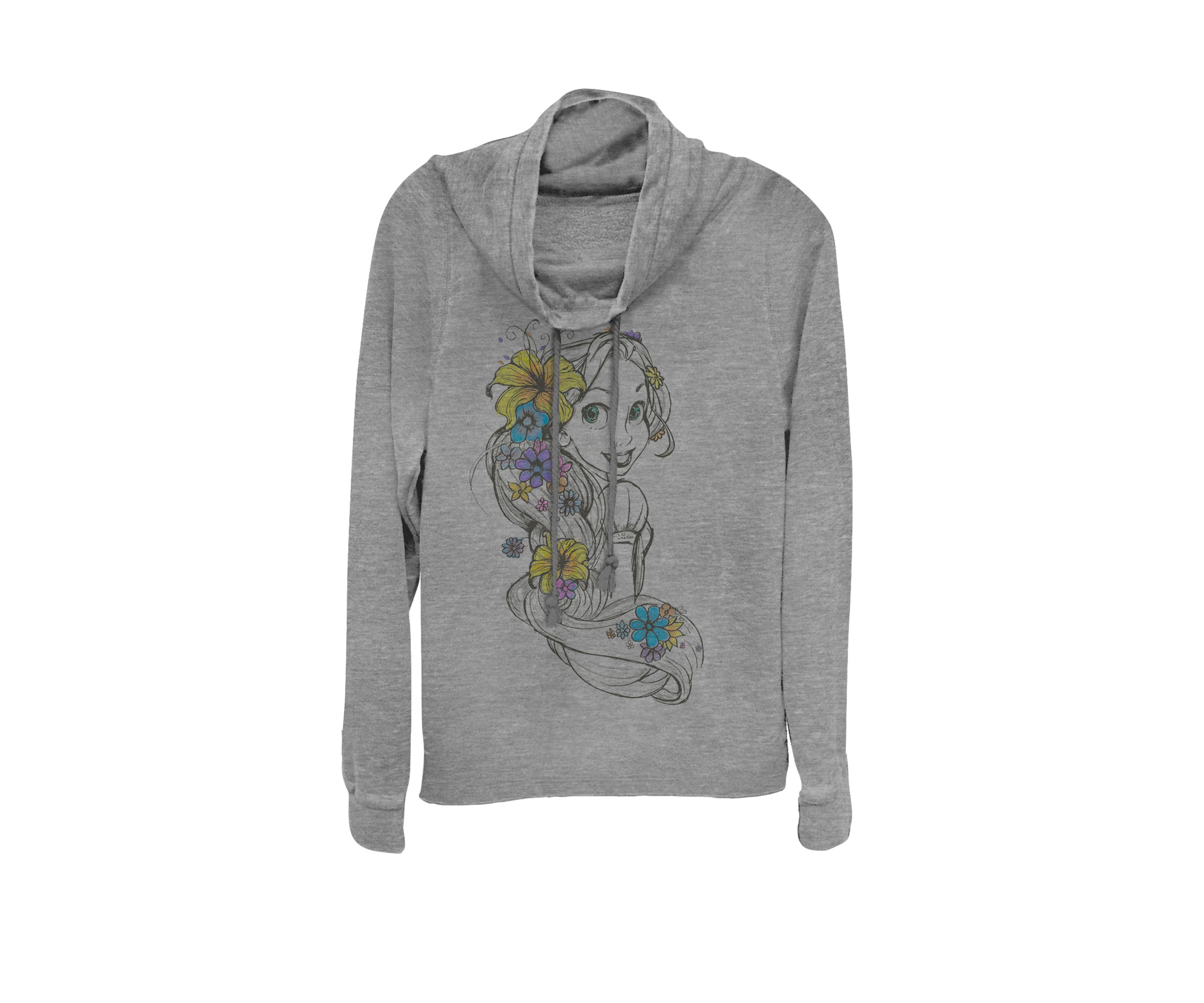 Tangled Rapunzel Floral Pencil Sketch Cowl Neck Graphic Pullover
