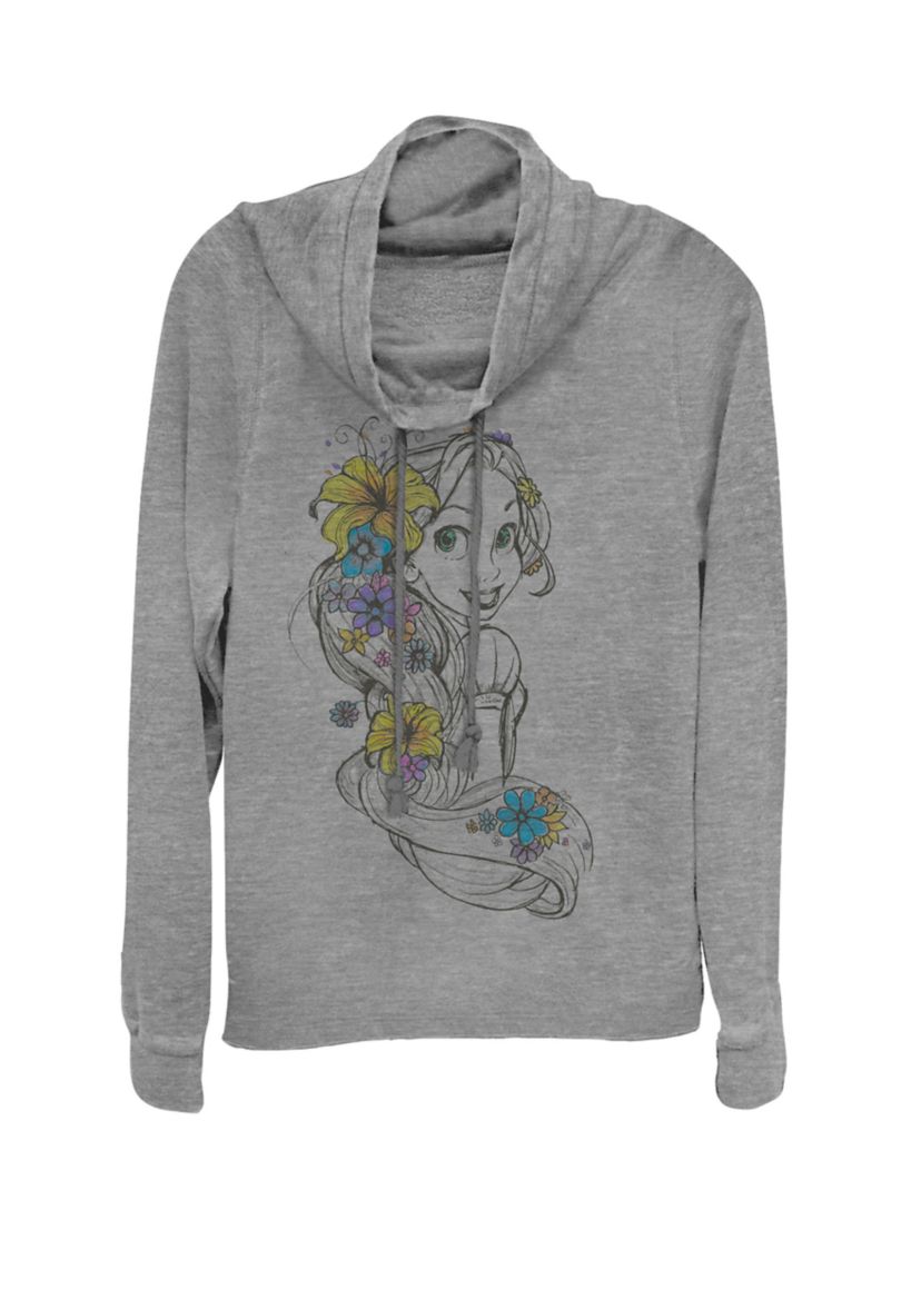 Tangled Rapunzel Floral Pencil Sketch Cowl Neck Graphic Pullover