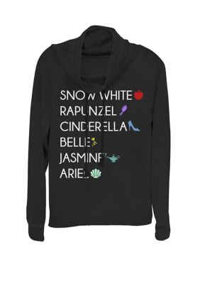 Disney Women's Snow White Rapunzel Cinderella Belle Jasmine Ariel Princess List Cowl Neck Graphic Pullover, Black, XSmall