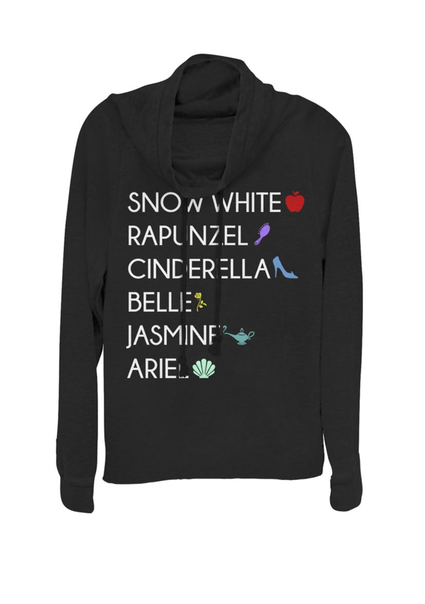 Snow White Rapunzel Cinderella Belle Jasmine Ariel Princess List Cowl Neck Graphic Pullover