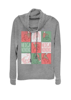 Disney Women's Snow White And The Seven Dwarfs Christmas Dwarf Box Up Cowl Neck Graphic Pullover