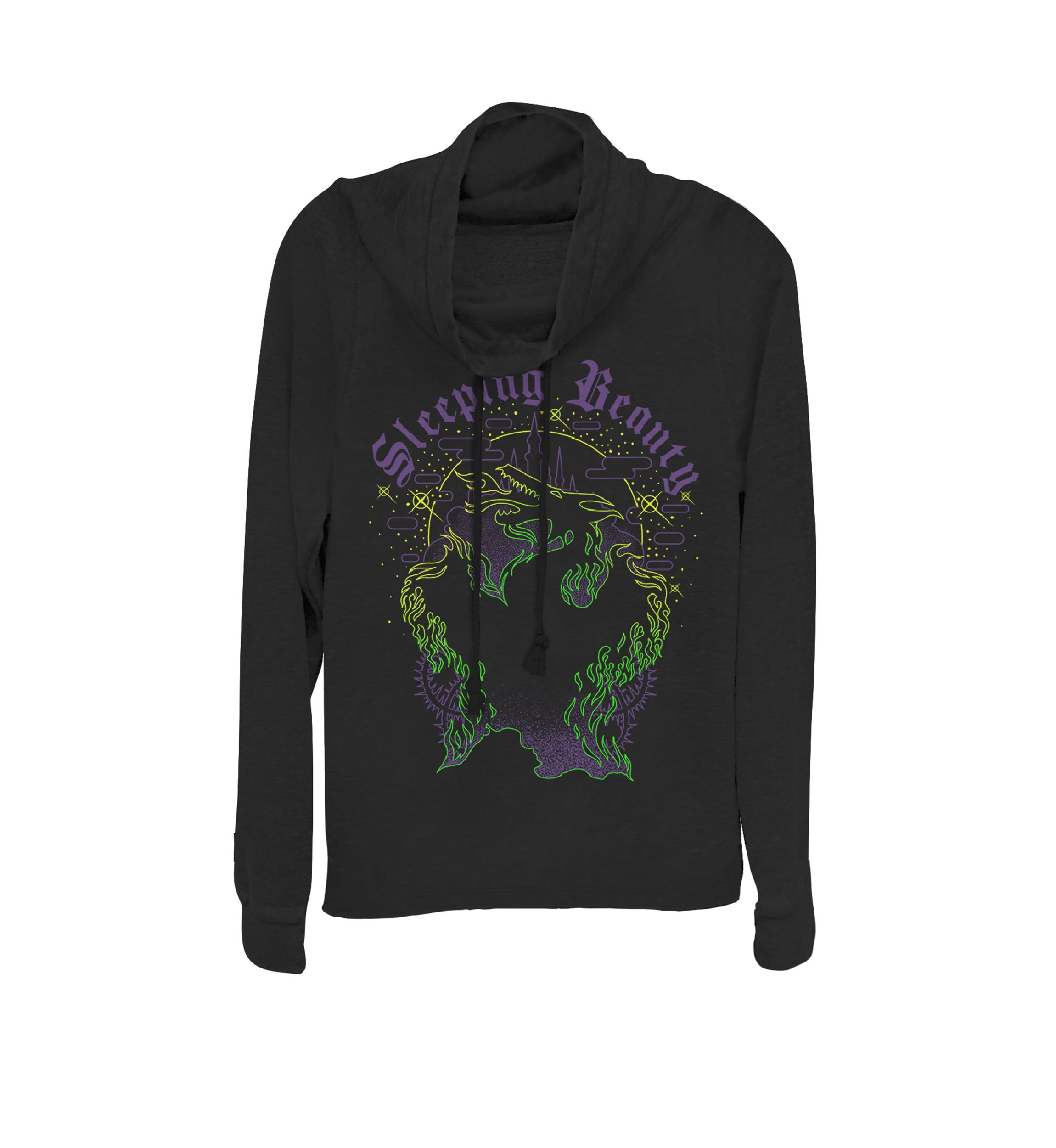 Sleeping Beauty Maleficent Neon Dragon Cowl Neck Graphic Pullover