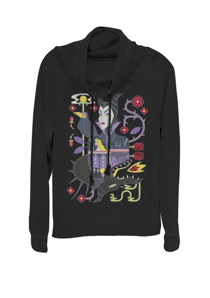Juniors Sleeping Beauty Maleficent Playing Card Cowl Neck Pullover