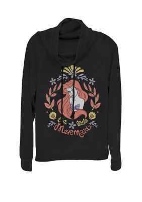 Disney Women's Junior's The Little Mermaid Ariel Floral Portrait Cowl Neck Pullover, Black, XXL