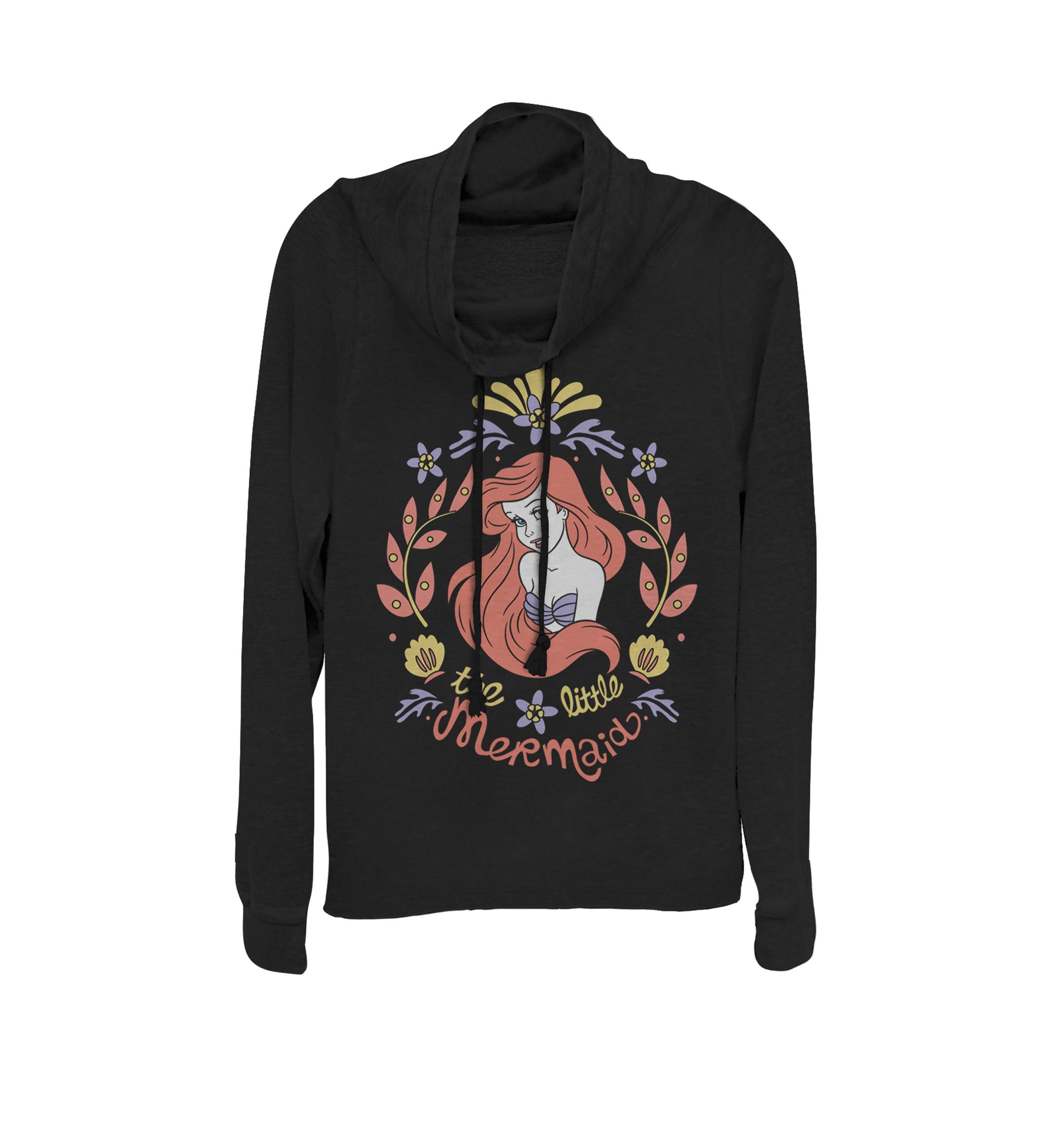 Juniors The Little Mermaid Ariel Floral Portrait Cowl Neck Pullover