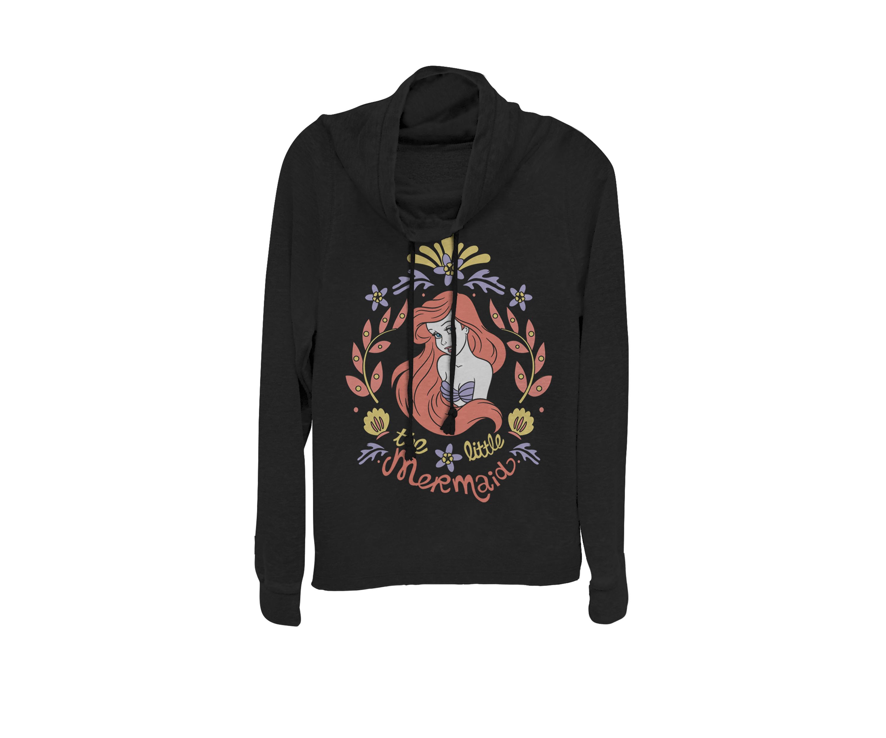 Juniors The Little Mermaid Ariel Floral Portrait Cowl Neck Pullover