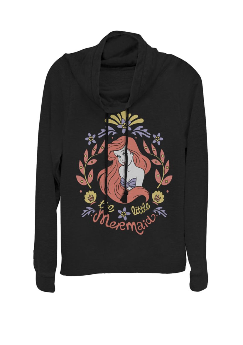 Juniors The Little Mermaid Ariel Floral Portrait Cowl Neck Pullover