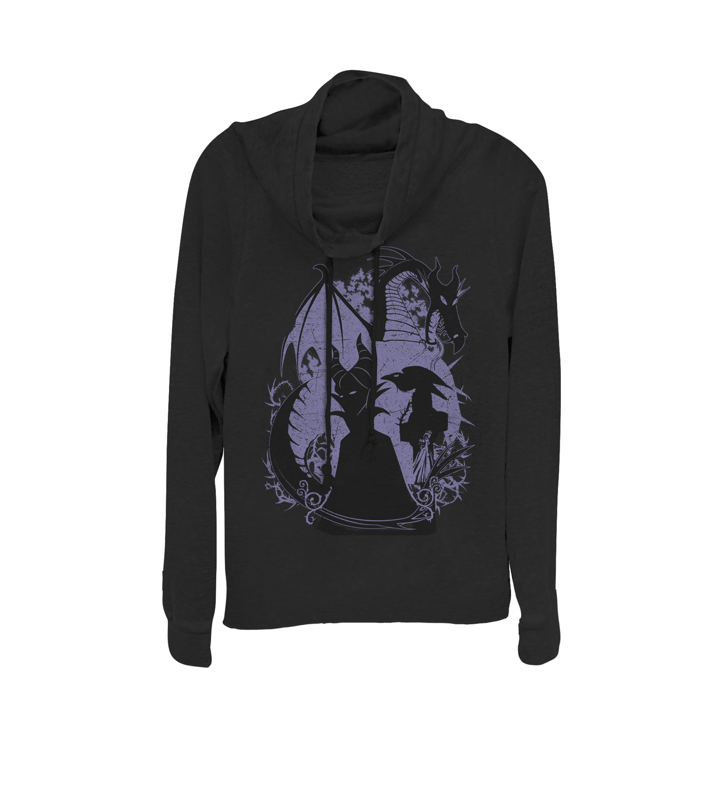 Sleeping Beauty Maleficent Dragon Silhouette Cowl Neck Graphic Pullover