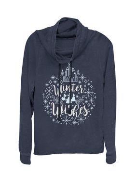 Disney Women's Junior's Princess Winter Wishes Cowl Neck Pullover, Navy Blue, Small