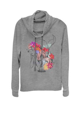 Disney Women's The Little Mermaid Floral Ariel Sketch Cowl Neck Graphic Pullover, Gray, Small
