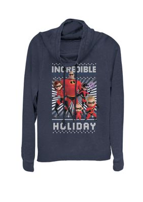 Disney Pixar Women's The Incredibles Holiday Family Portrait Cowl Neck Graphic Pullover