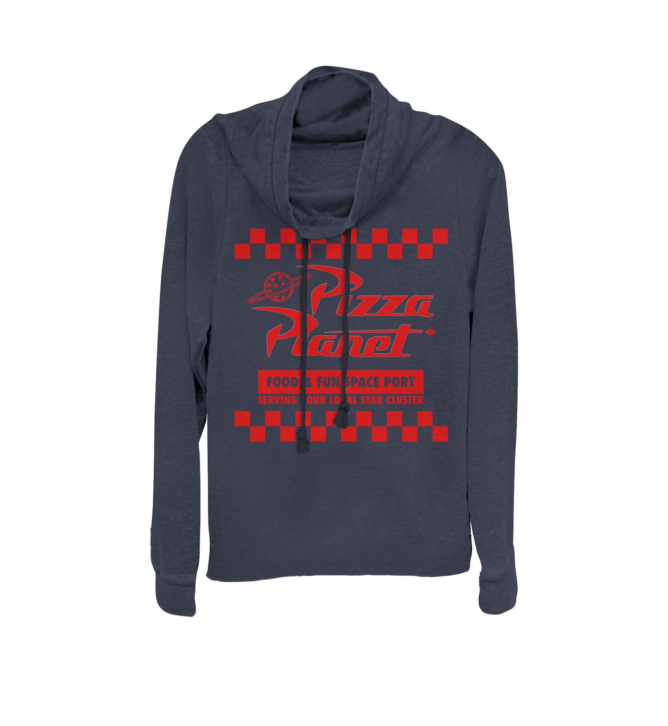 Disney Pixar Toy Story Pizza Planet Checkered Logo Cowl Neck Pullover