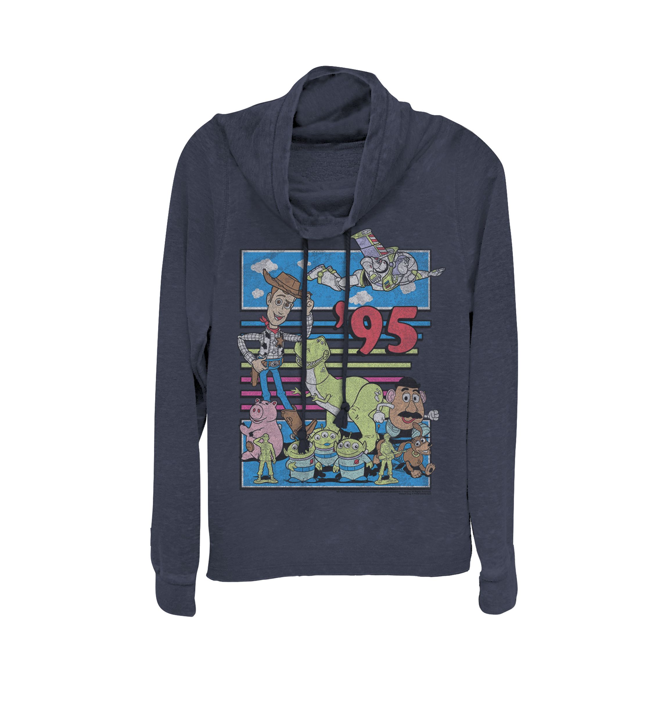 Toy Story 95 Retro Distressed Colorful Cowl Neck Pullover