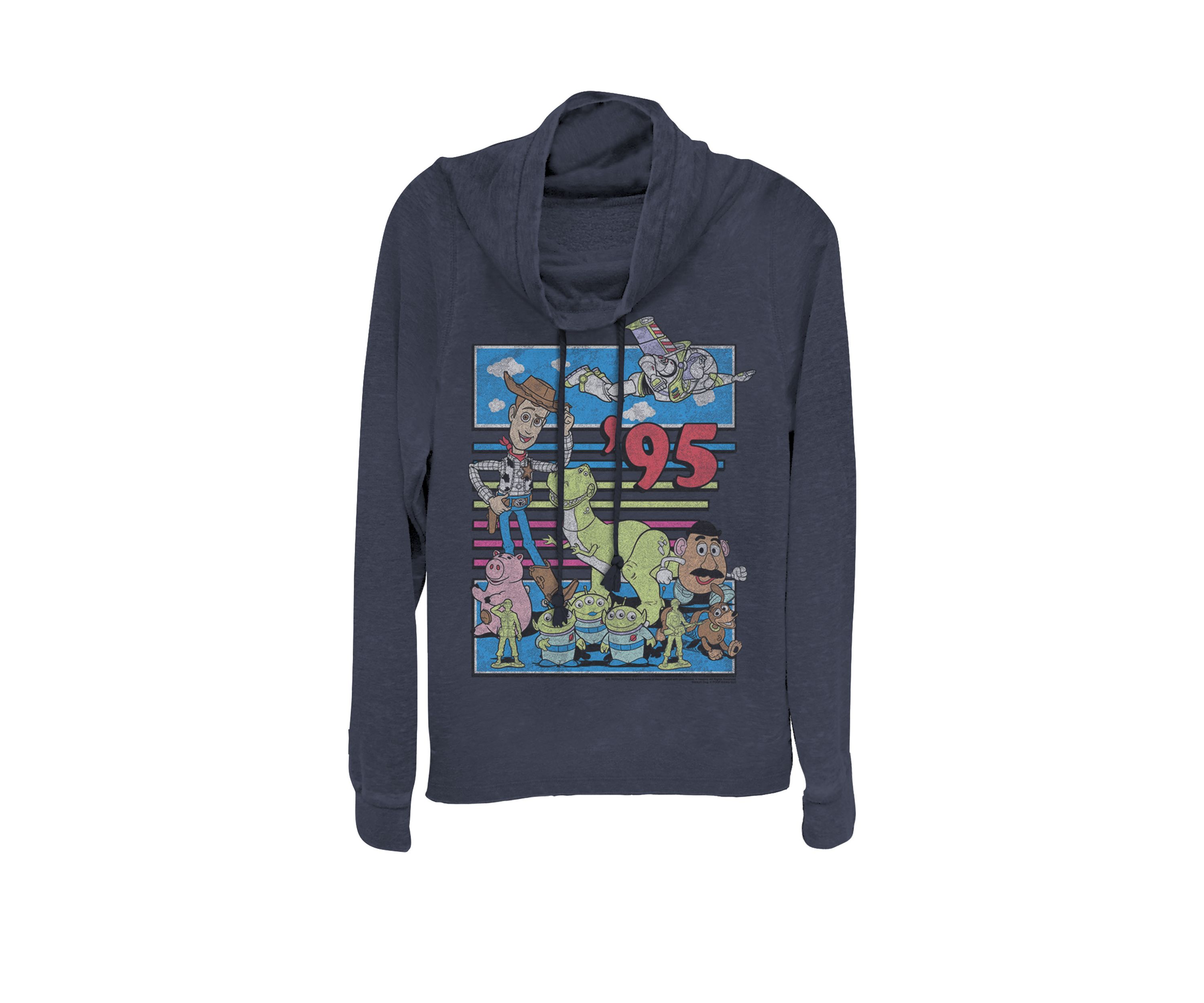 Toy Story 95 Retro Distressed Colorful Cowl Neck Pullover
